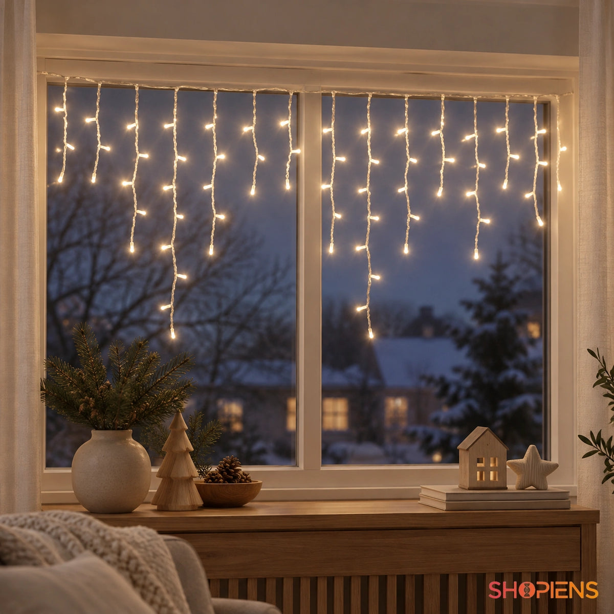 Țurțuri cu 100 LED-uri alb cald și cablu transparent, la fereastra unui living | Shopiens®