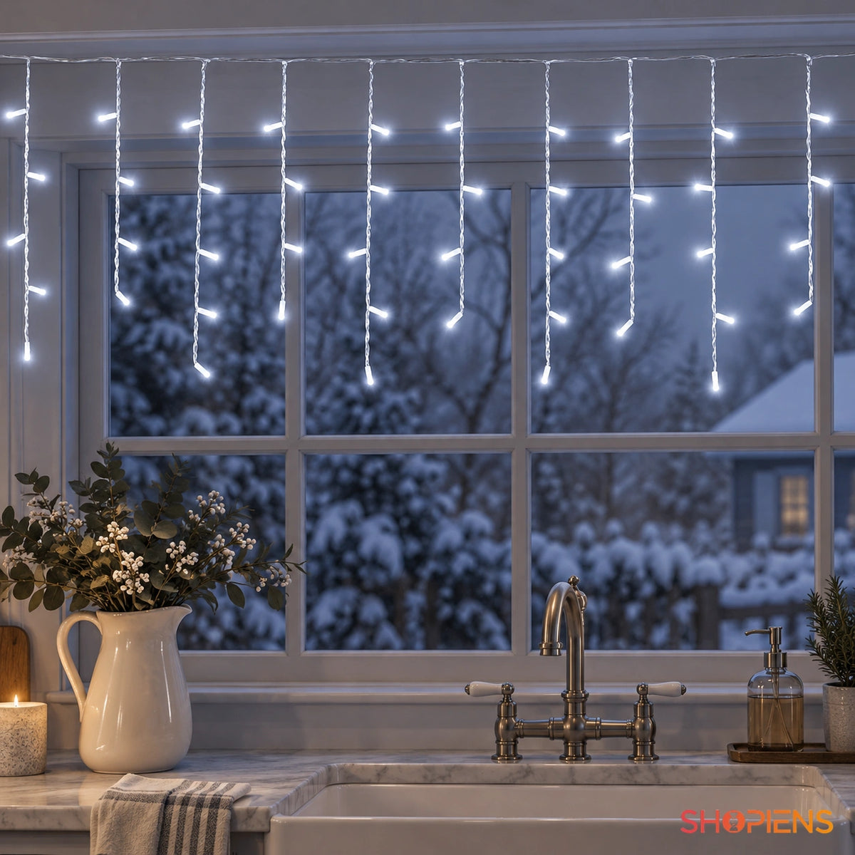 Perdea cu 144 LED-uri alb rece și cablu transparent, la o fereastră de bucătărie gri-albastru | Shopiens®