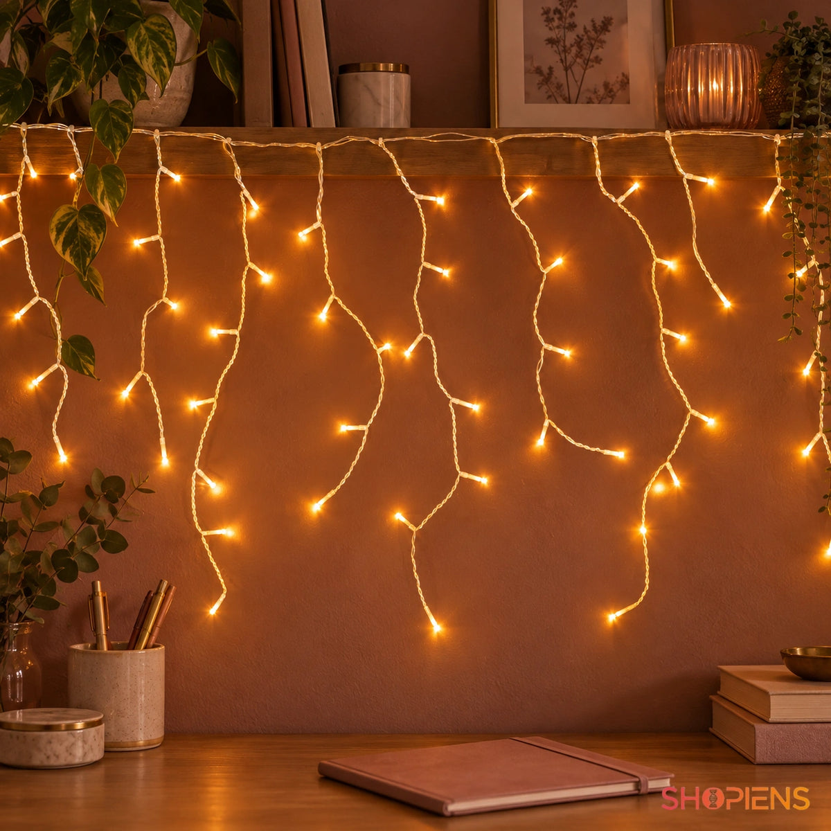 Perdea cu 144 LED-uri alb extra cald și cablu transparent, deasupra unui birou | Shopiens®