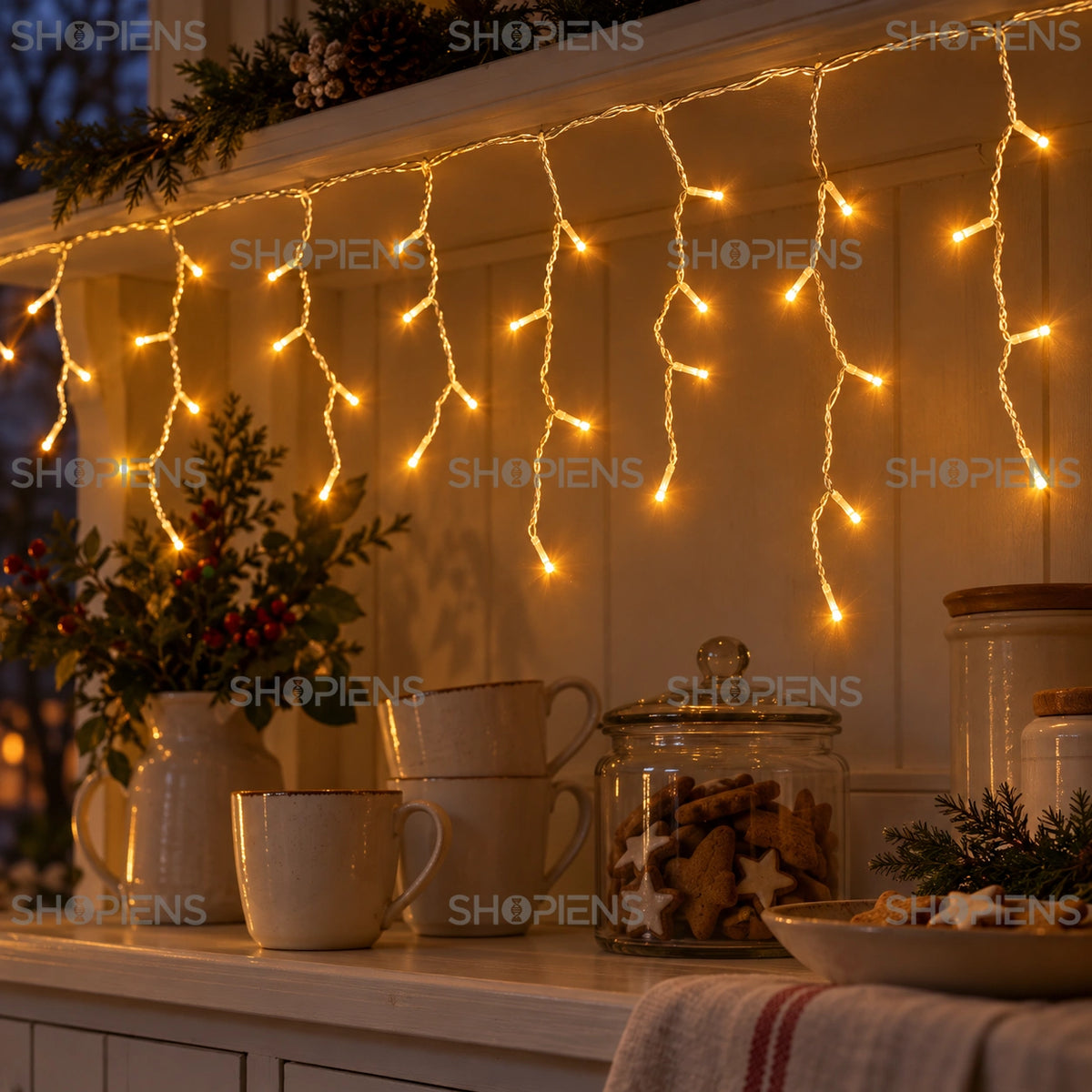 Perdea cu 144 LED-uri alb extra cald și cablu transparent, pe un dulap de bucătărie | Shopiens®