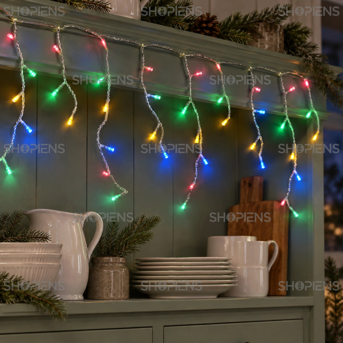 Perdea cu 144 LED-uri multicolore și cablu transparent, deasupra unui dulap verde salvie | Shopiens®