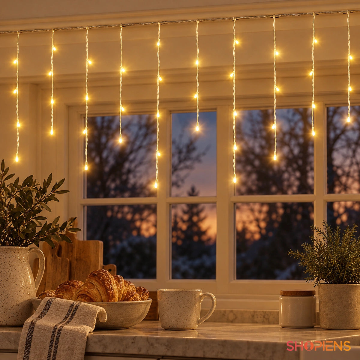 Perdea cu 200 LED-uri alb extra cald și cablu transparent, la fereastra bucătăriei | Shopiens®