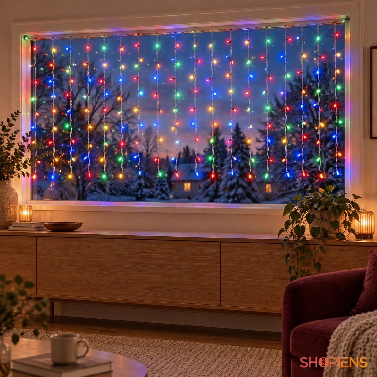 Cascadă de lumini cu 200 LED-uri multicolore, 2 × 1 m, la o fereastră deasupra unui dulap din stejar | Shopiens®