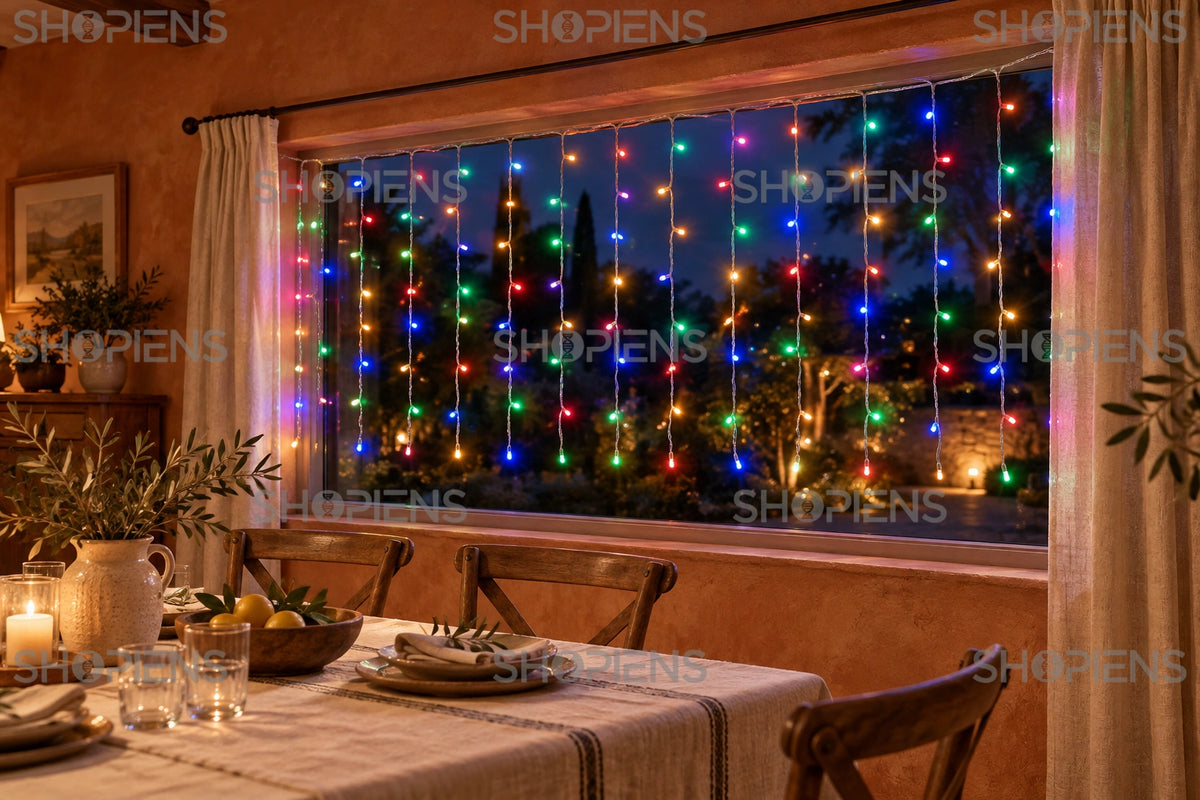 Cascadă de lumini cu 200 LED-uri multicolore, 2 × 1 m, într-o sufragerie cu pereți teracotă | Shopiens®