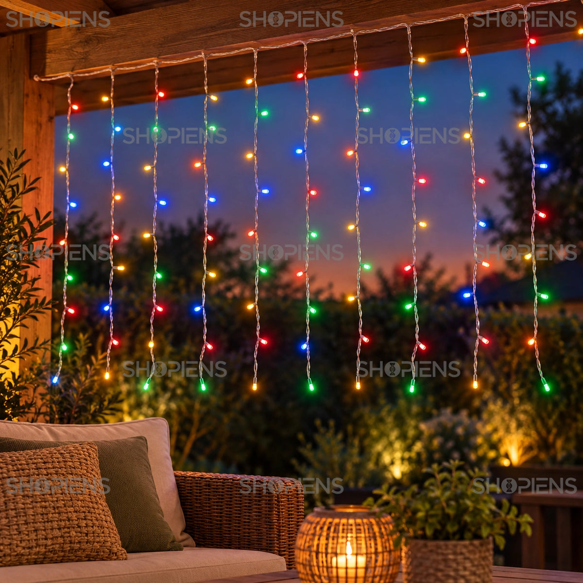 Cascadă de lumini cu 200 LED-uri multicolore, 2 × 1 m, detaliu pe o terasă din lemn | Shopiens®