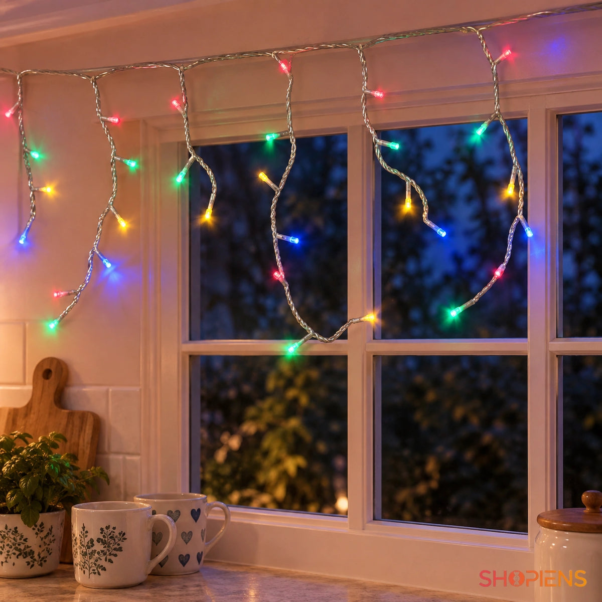 Perdea cu 200 LED-uri multicolore și cablu transparent, la fereastra unei bucătării | Shopiens®