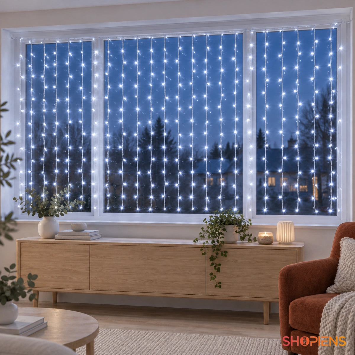 Perdea cu LED-uri alb rece, la fereastra unui living cu consolă din stejar și fotoliu cărămiziu | Shopiens®