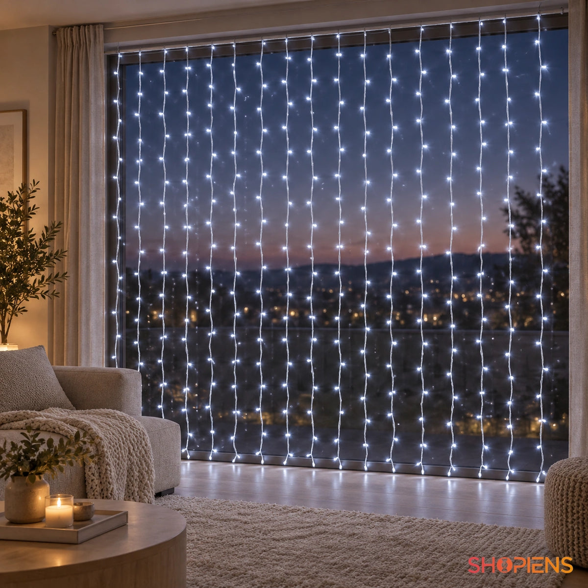 Perdea luminoasă alb rece într-un living cu pereți grej și ferestre înalte | Shopiens®