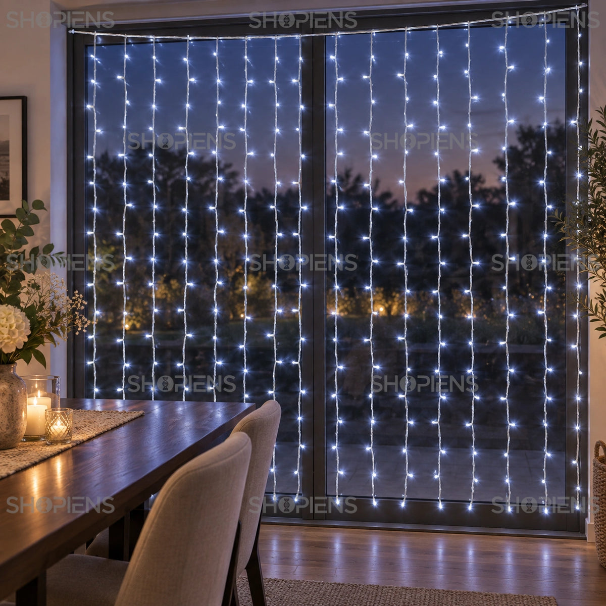 Perdea cu LED-uri alb rece la ușile vitrate ale unei sufragerii cu masă din nuc | Shopiens®