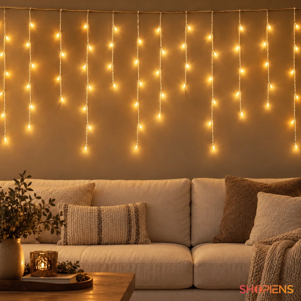 Perdea cu 480 LED-uri alb extra cald și cablu transparent, deasupra unei canapele | Shopiens®