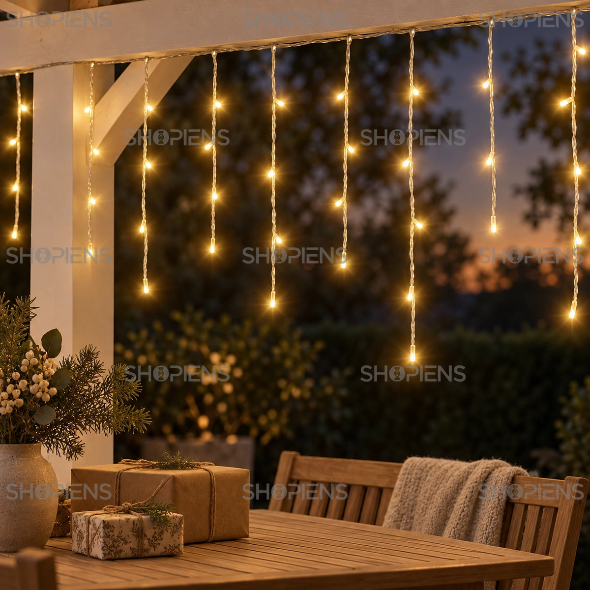 Perdea cu 480 LED-uri alb extra cald și cablu transparent, pe grinda unui pavilion de grădină | Shopiens®