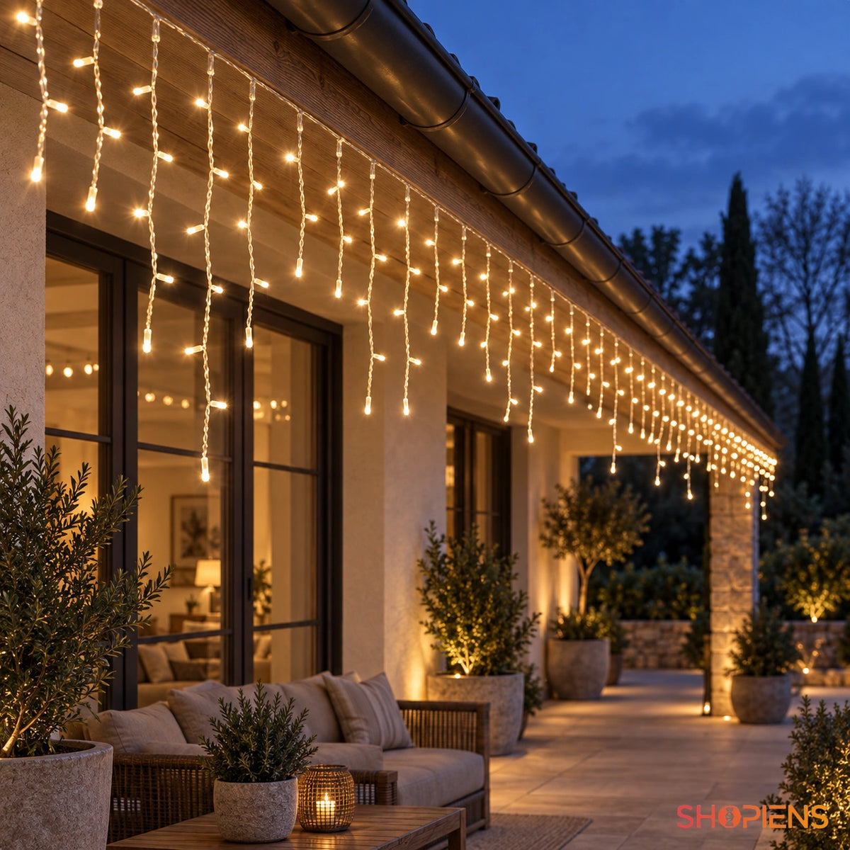Țurțuri cu 500 LED-uri alb cald și cablu transparent, sub streașina unei terase | Shopiens®