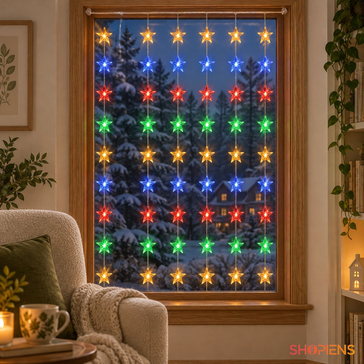 Perdea cu stele LED multicolore la fereastra unui colț de lectură | Shopiens®