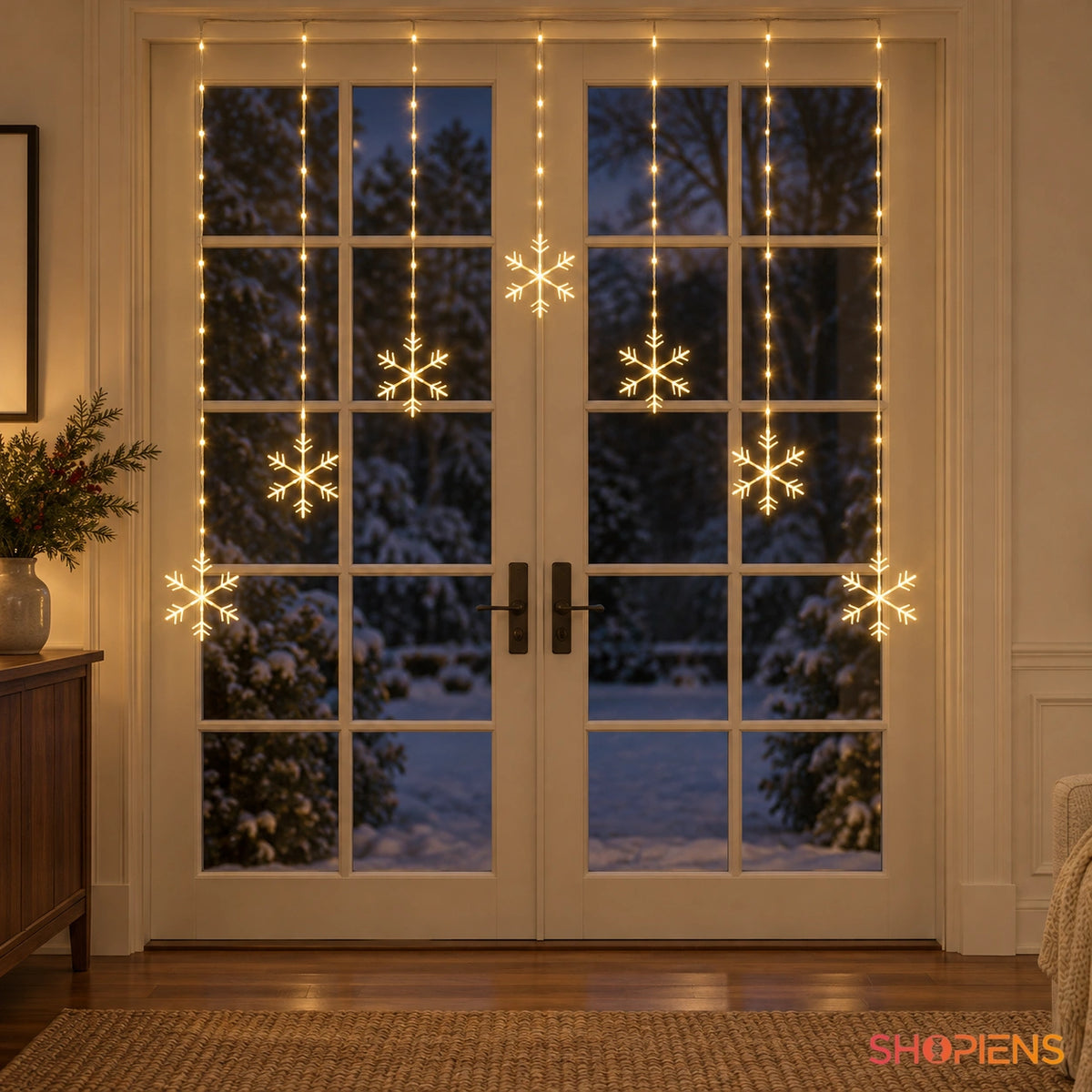 Șapte fulgi luminoși cu 147 LED-uri alb cald și 8 funcții, în decor de sărbători | Shopiens®