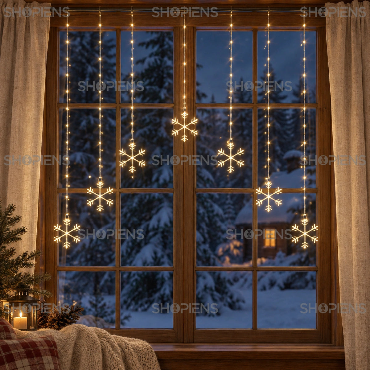 Șapte fulgi luminoși cu 147 LED-uri alb cald și 8 funcții, vedere într-un ambient interior | Shopiens®