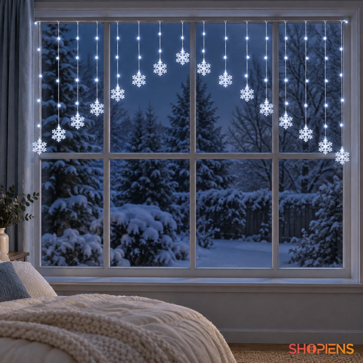 Perdea cu fulgi și 71 LED-uri alb rece, pe baterii, 1,8 m, în decor de iarnă | Shopiens®