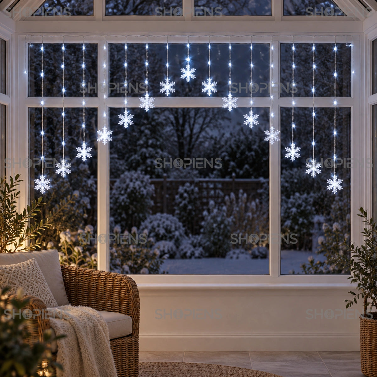 Perdea cu fulgi și 71 LED-uri alb rece, pe baterii, 1,8 m, vedere într-un decor festiv | Shopiens®