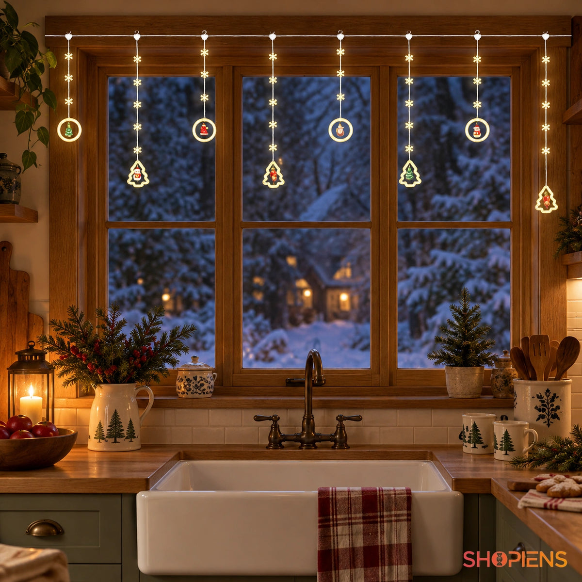 Globuri și brăduți luminoși cu 130 LED-uri alb cald, 3 m, la fereastra unei bucătării | Shopiens®