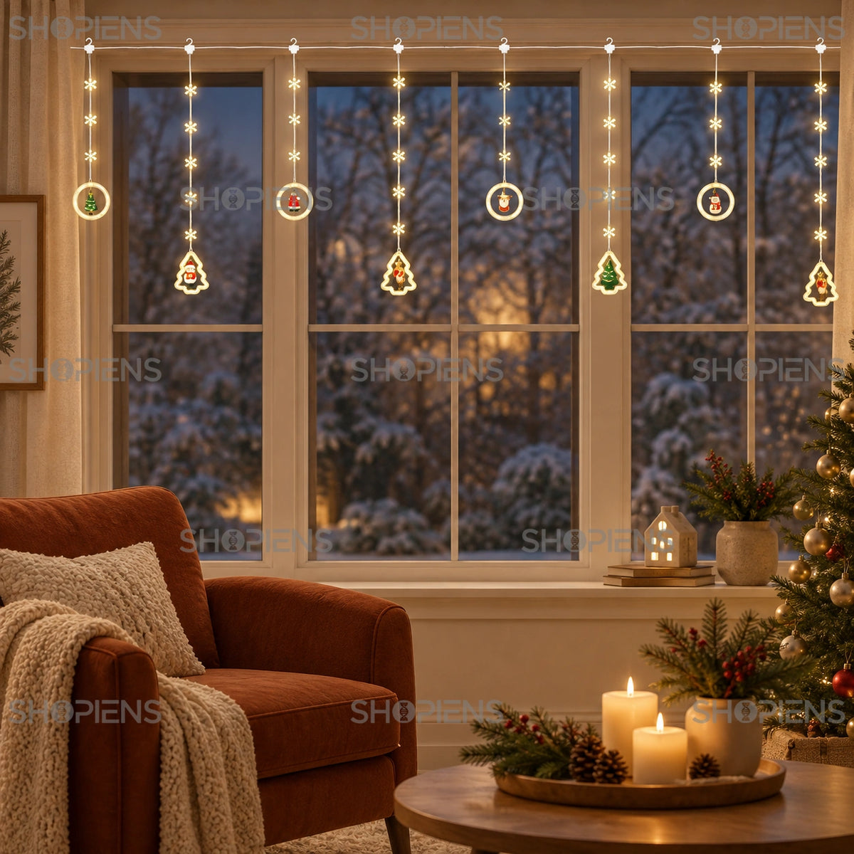 Globuri și brăduți luminoși cu 130 LED-uri alb cald, 3 m, într-un living crem | Shopiens®