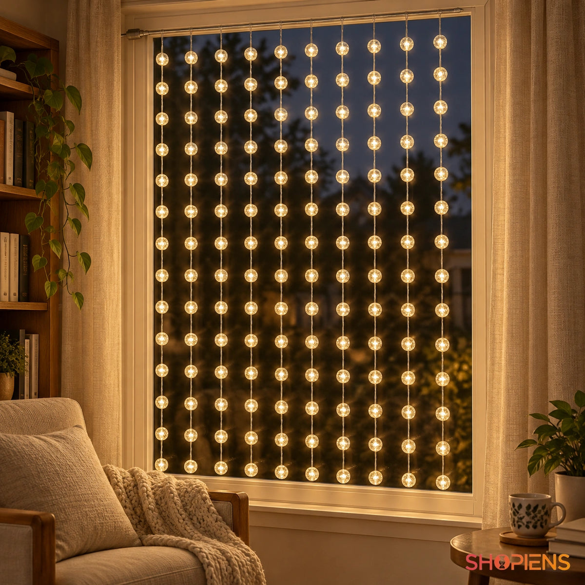 Perdea cu globuri crackle și 140 LED-uri alb cald, 1 × 1,5 m, în decor interior | Shopiens®
