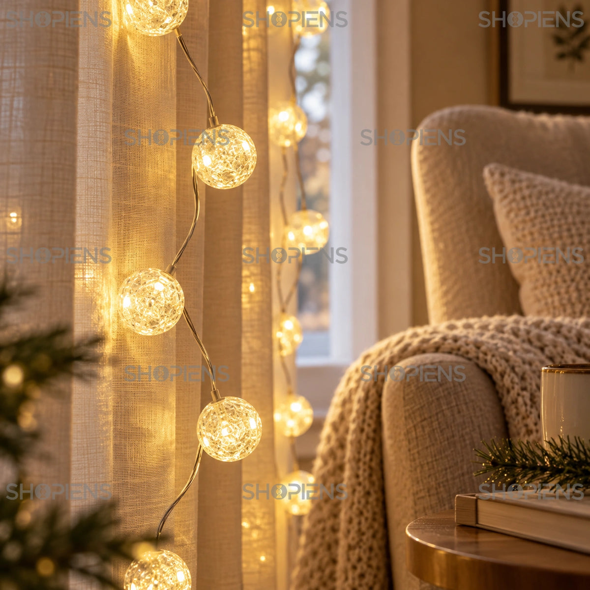 Perdea cu globuri crackle și 140 LED-uri alb cald, 1 × 1,5 m, detaliu al globurilor crackle într-un colț de lectură | Shopiens®