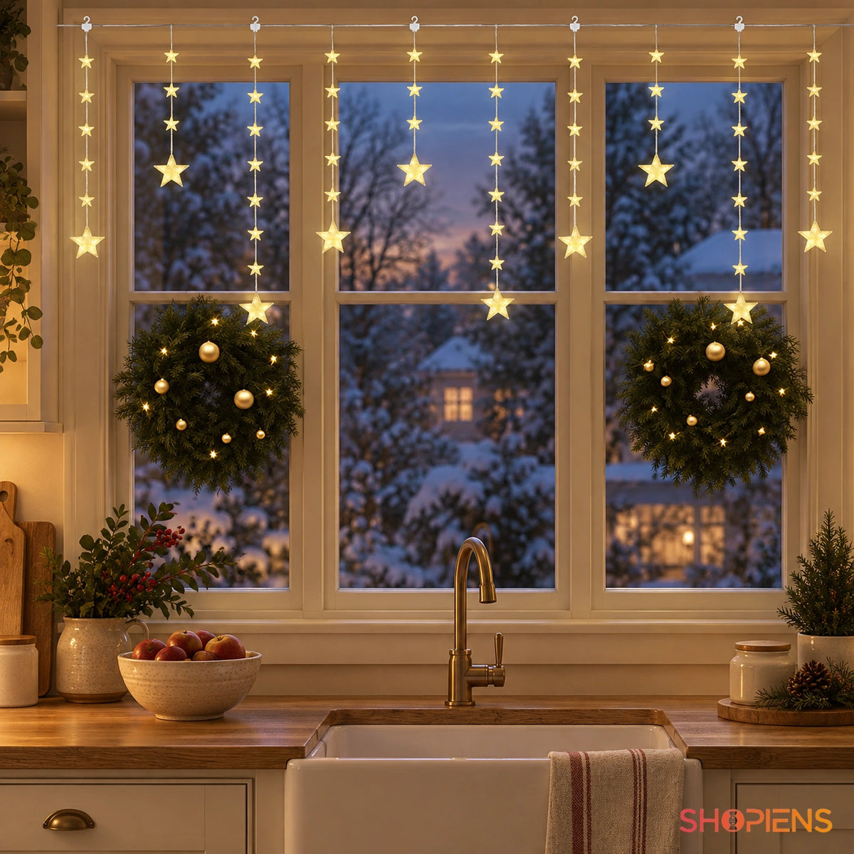 Perdea de stele cu 120 LED-uri alb cald, 8 programe, 2,5 m, într-o bucătărie luminoasă | Shopiens®