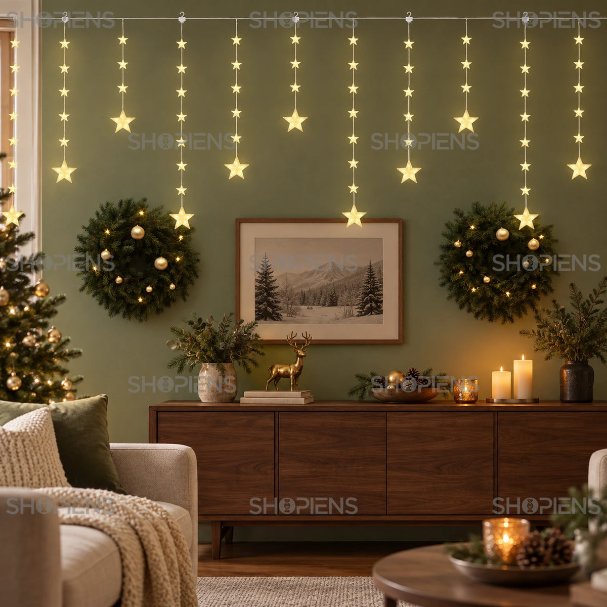 Perdea de stele cu 120 LED-uri alb cald, 8 programe, 2,5 m, într-un living cu mobilier din nuc | Shopiens®
