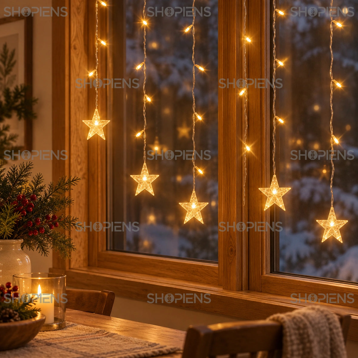 Perdea de stele cu 252 LED-uri alb cald și flash, 4 m, detaliu într-o sufragerie cu mobilier din stejar | Shopiens®