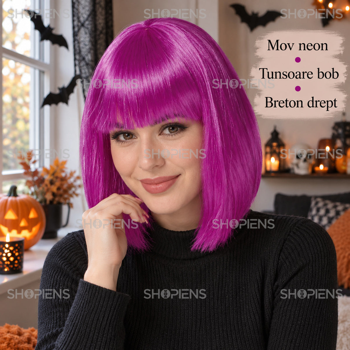 Perucă Bob Mov Neon Cu Breton