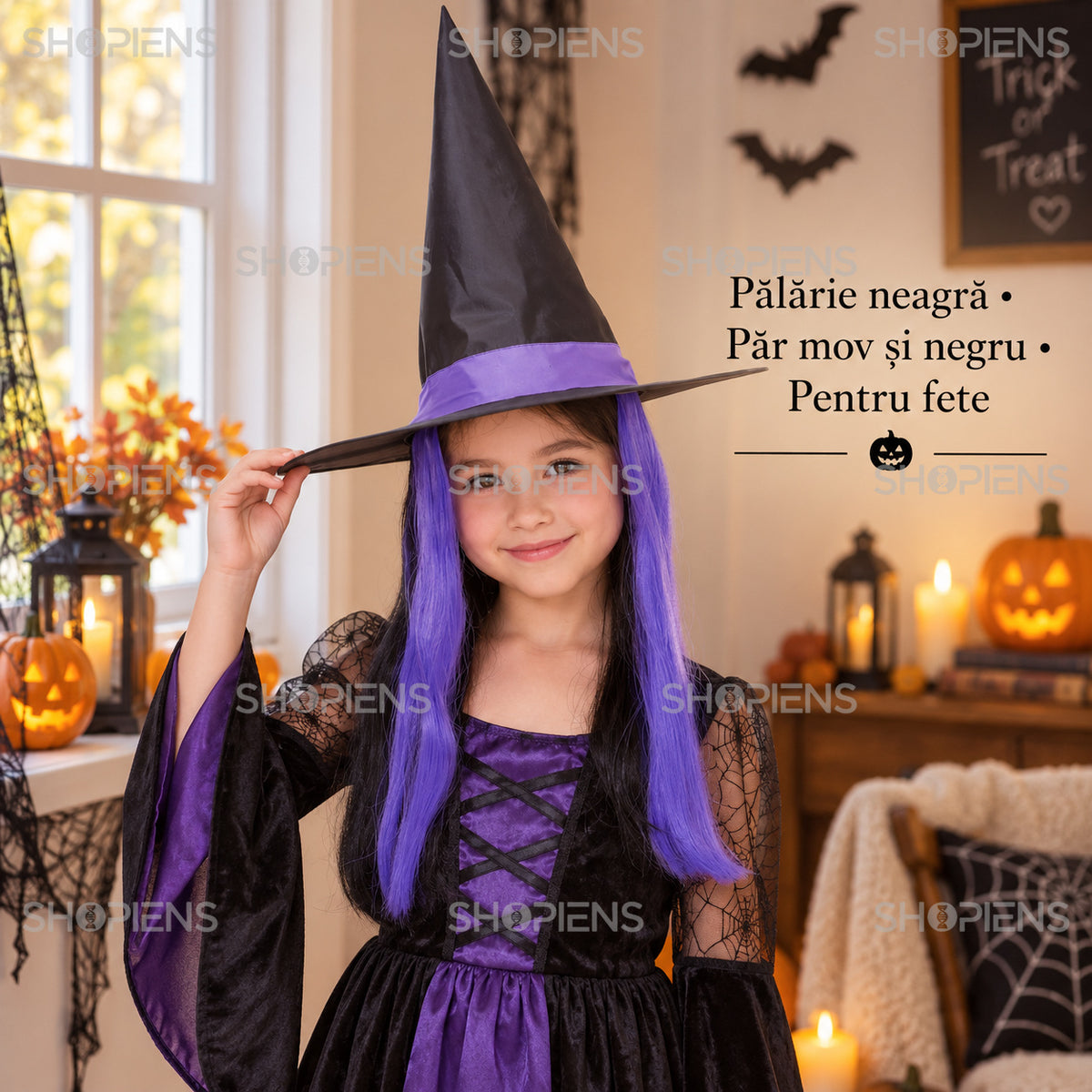 Perucă Mov Cu Pălărie De Vrăjitoare
