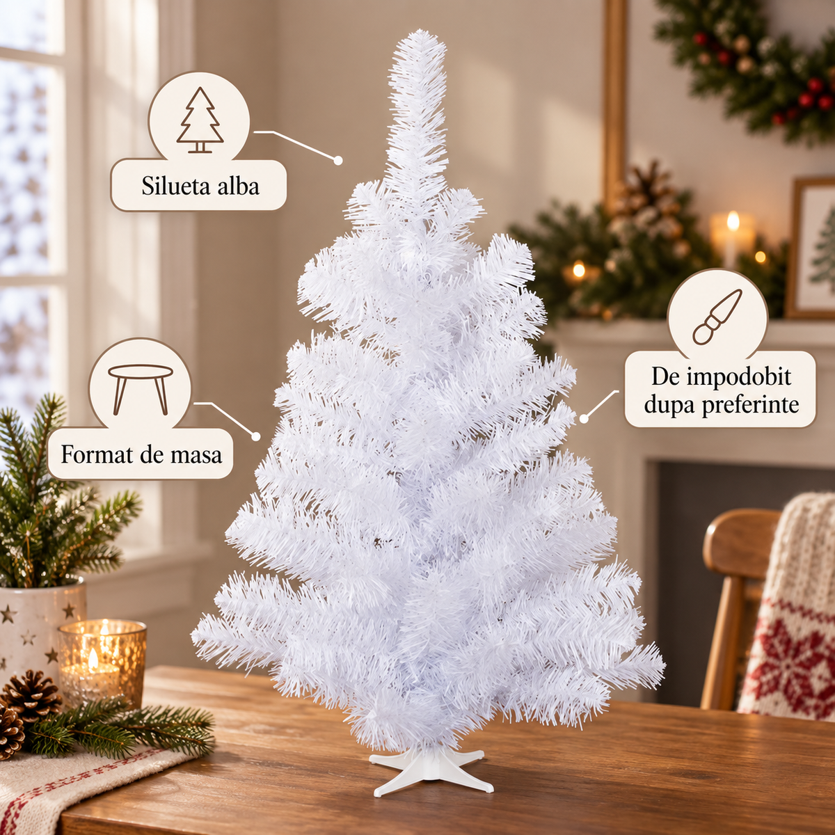 Pin Artificial Alb Pentru Masa De Craciun, 75 Cm - avantaje - Shopiens