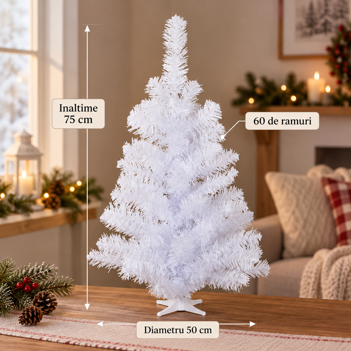 Pin Artificial Alb Pentru Masa De Craciun, 75 Cm - specificatii - Shopiens