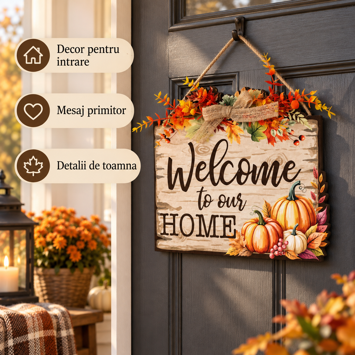 Placuta Din Lemn Welcome To Our Home Cu Dovleci - avantaje - Shopiens
