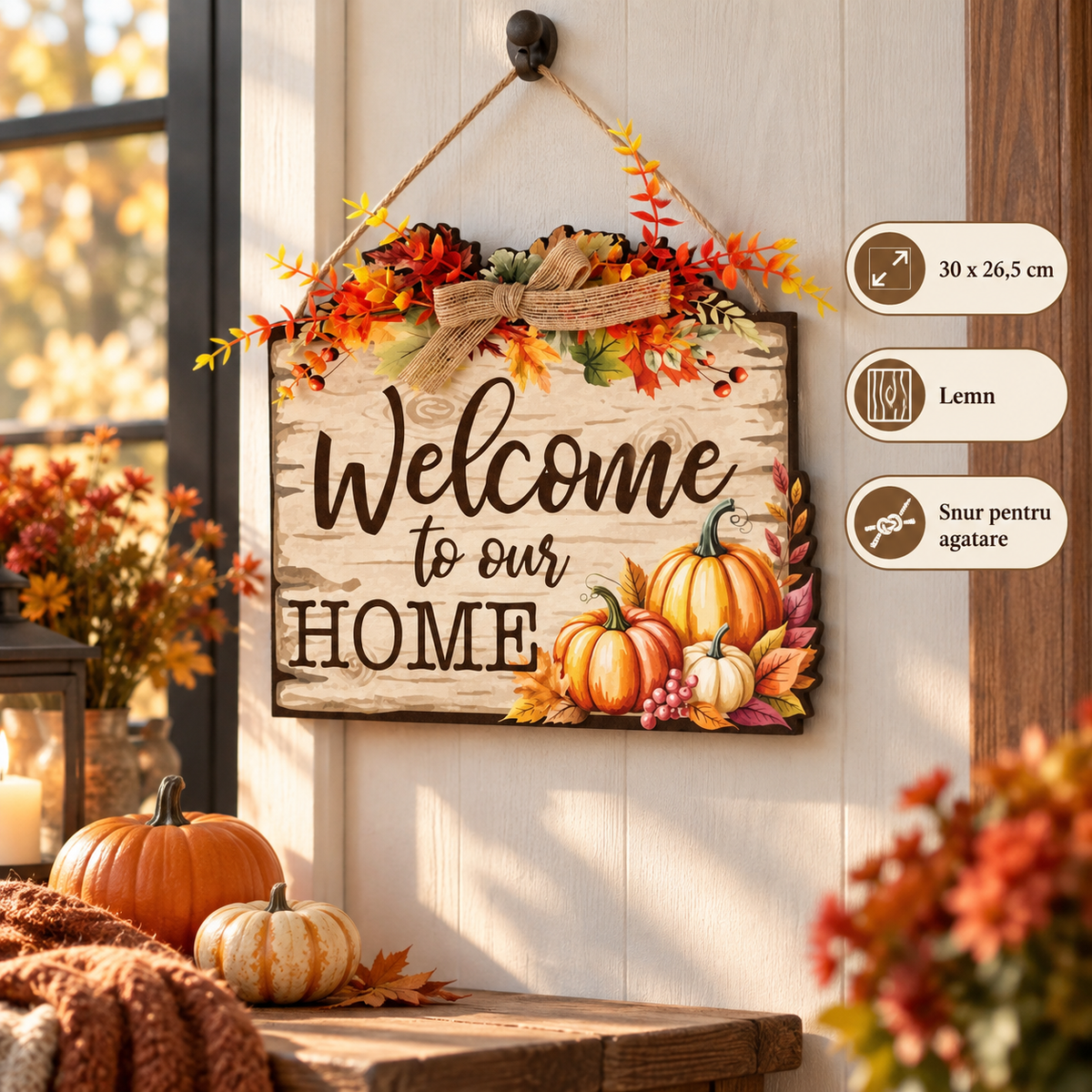 Placuta Din Lemn Welcome To Our Home Cu Dovleci - specificatii - Shopiens