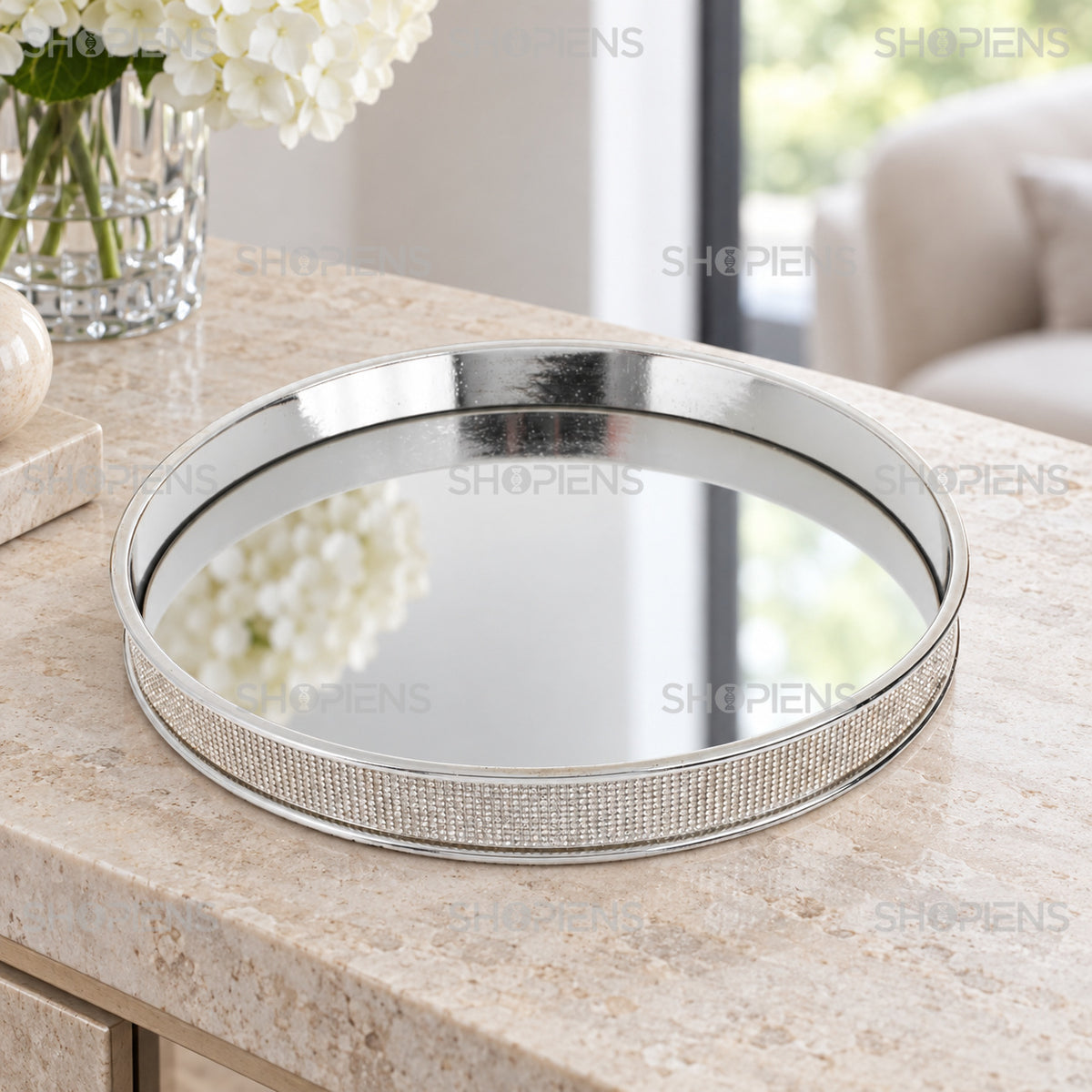 Platou Decorativ Argintiu cu Oglindă și Strasuri, 25 cm