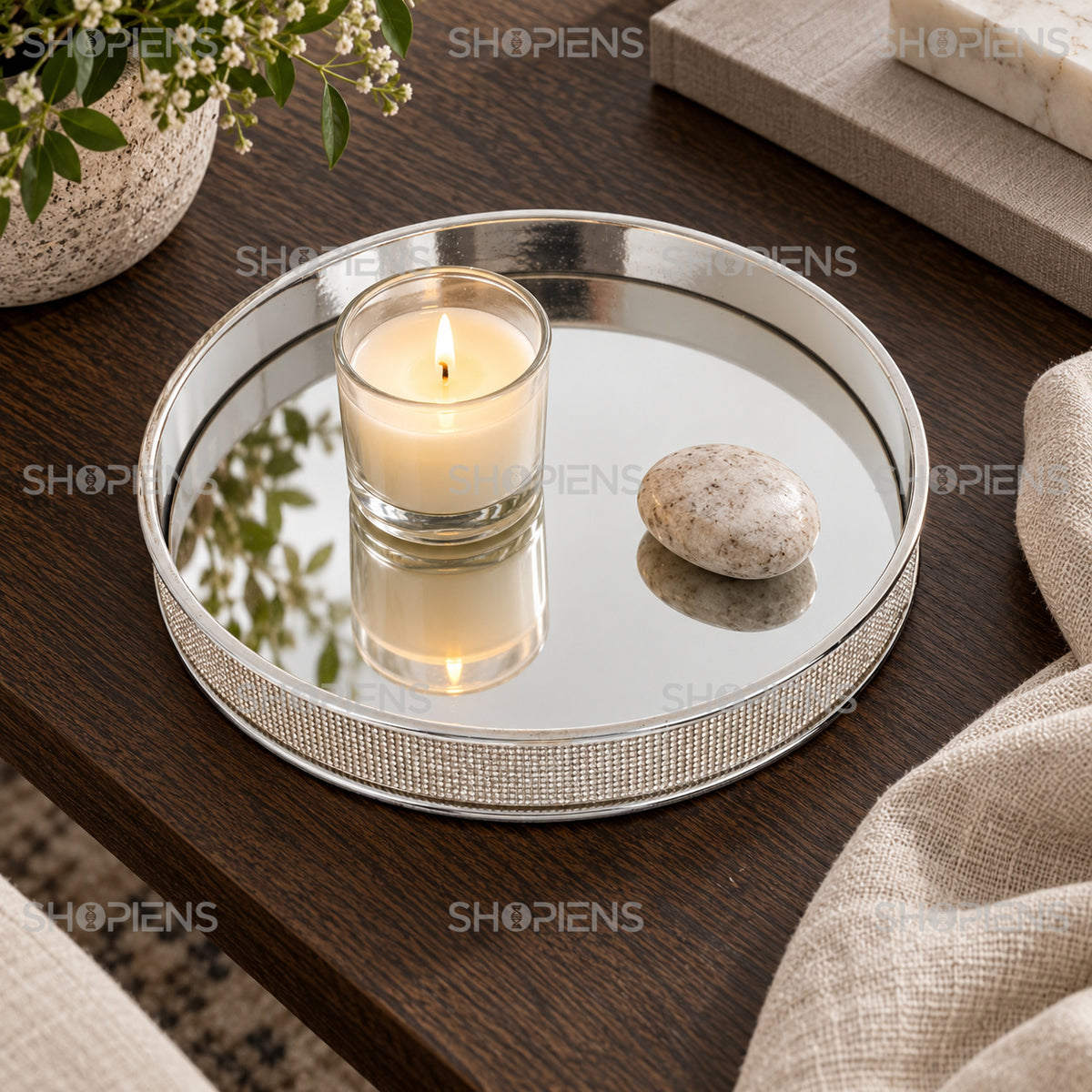 Platou Decorativ Argintiu cu Oglindă și Strasuri, 25 cm