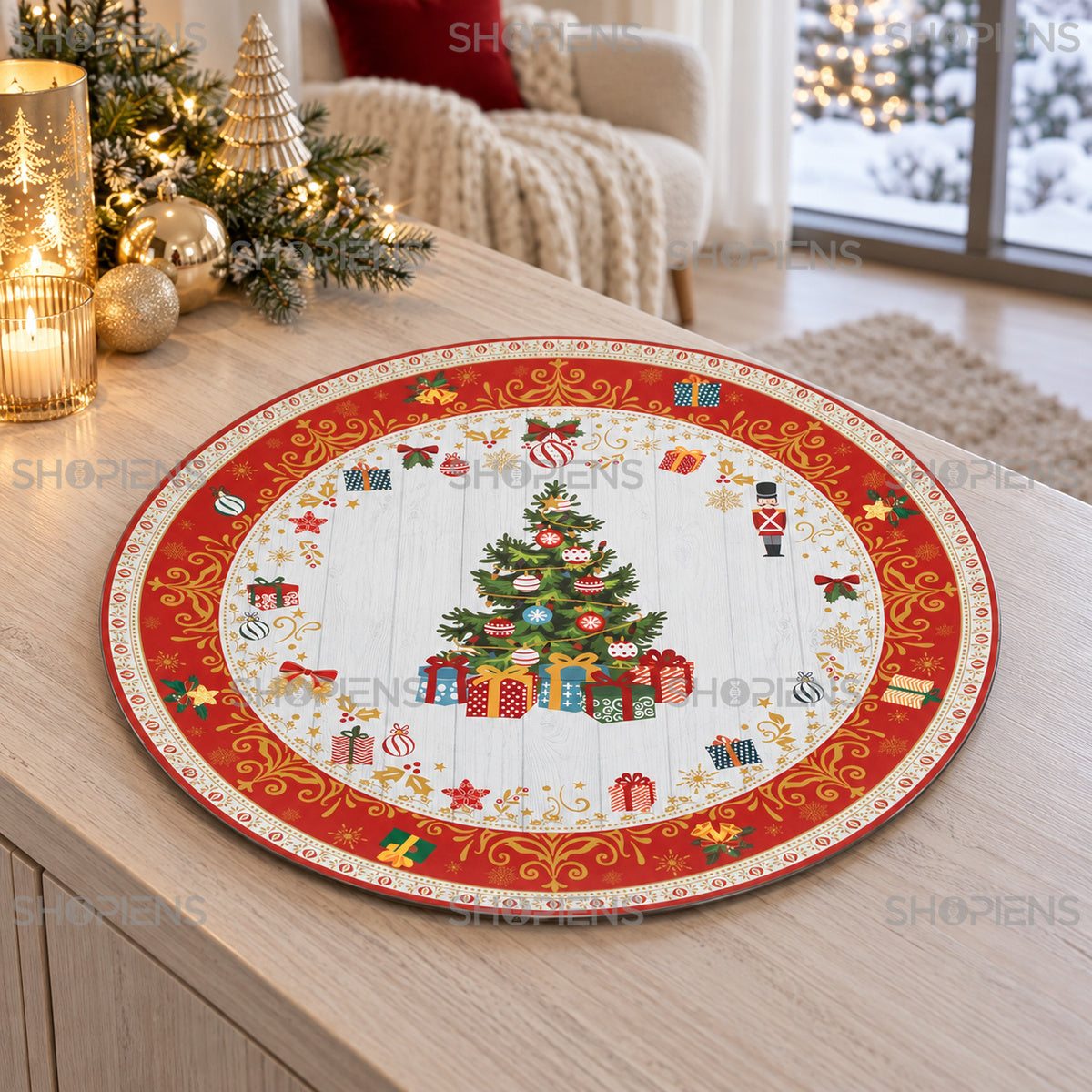 Platou rotund din plastic cu brad și cadouri, Ø40 cm, în decor de Crăciun, decor neinclus | Shopiens®
