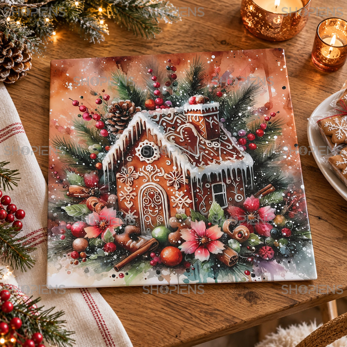 Platou decorativ din plastic cu căsuță din turtă dulce, 40 × 40 cm, pe masa festivă, decor neinclus | Shopiens®
