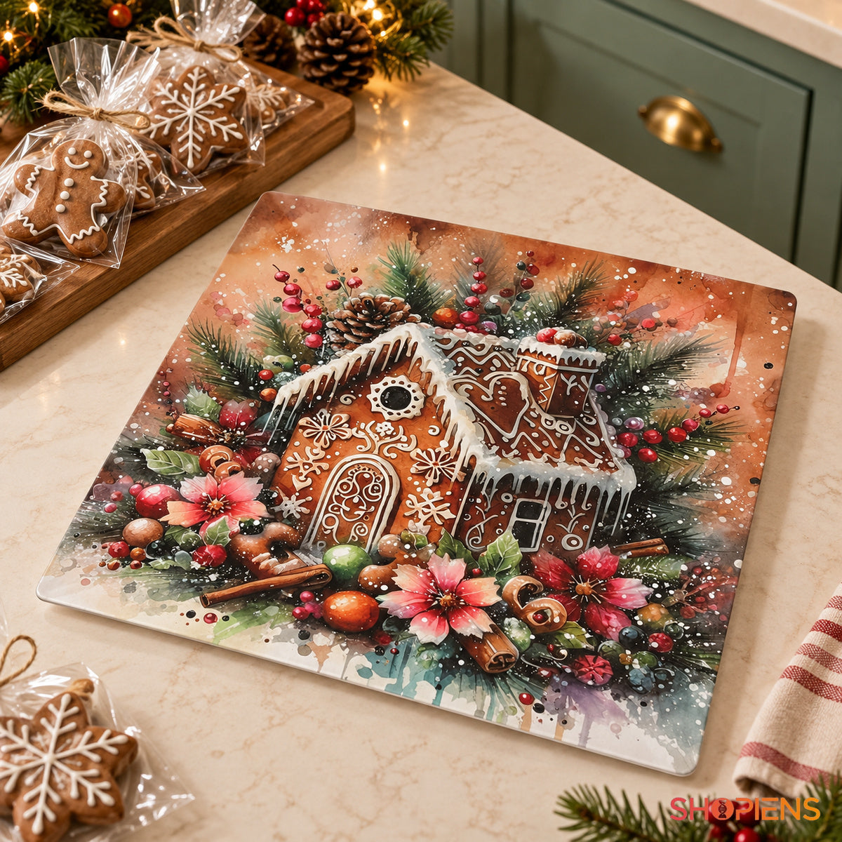 Platou decorativ din plastic cu căsuță din turtă dulce, 40 × 40 cm, în decor de bucătărie, decor neinclus | Shopiens®