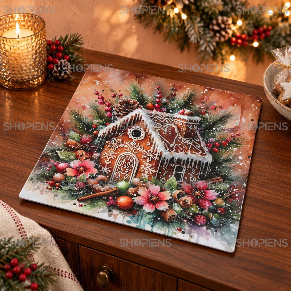Platou decorativ din plastic cu căsuță din turtă dulce, 40 × 40 cm, în decor de Crăciun, decor neinclus | Shopiens®