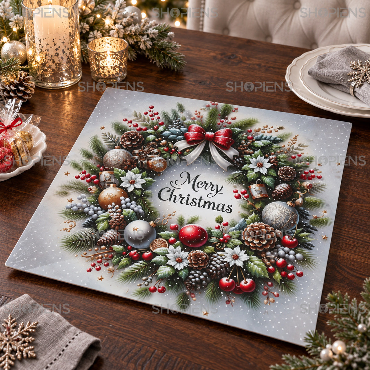 Platou pătrat din plastic cu coroniță Merry Christmas, 40 × 40 cm, pe masa festivă, decor neinclus | Shopiens®