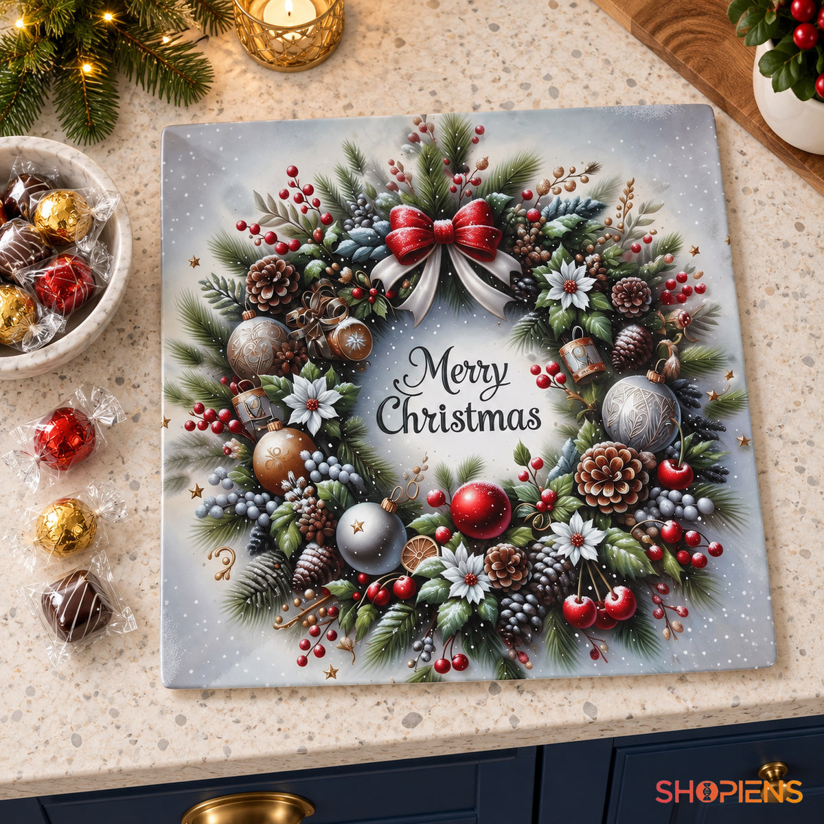 Platou pătrat din plastic cu coroniță Merry Christmas, 40 × 40 cm, în decor de bucătărie, decor neinclus | Shopiens®