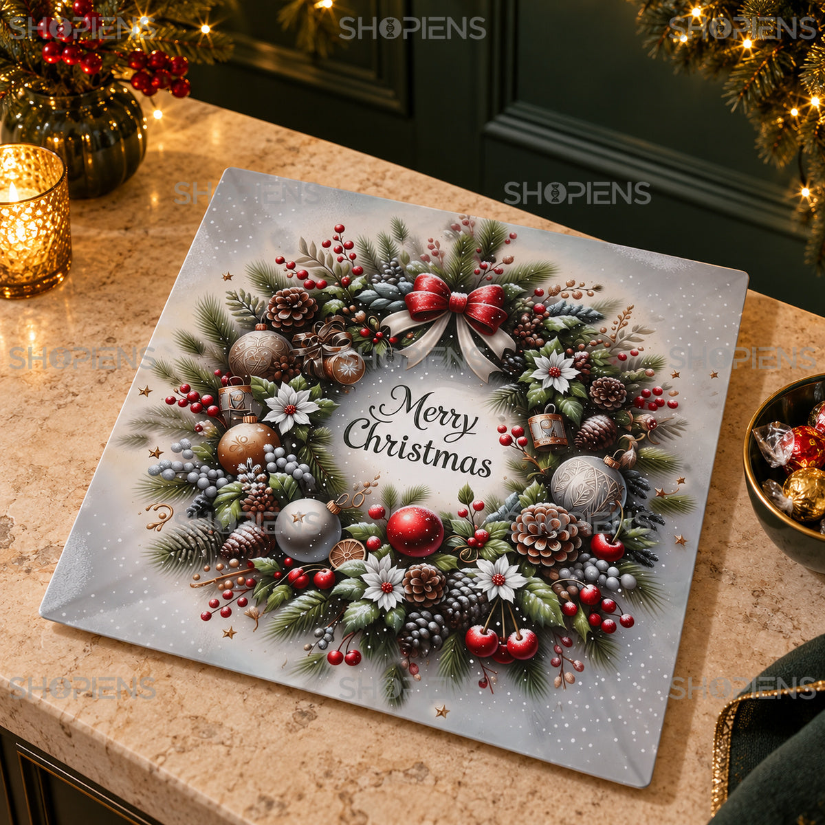 Platou pătrat din plastic cu coroniță Merry Christmas, 40 × 40 cm, în decor de Crăciun, decor neinclus | Shopiens®
