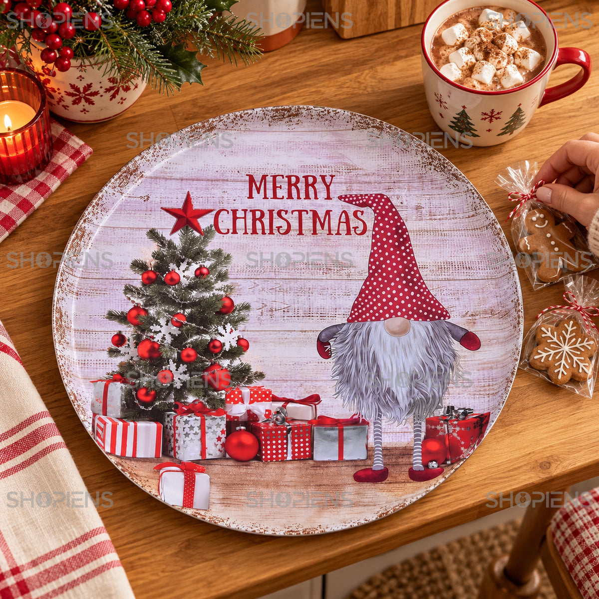 Platou decorativ din plastic cu gnom și brad, Ø40 cm, în decor de bucătărie, decor neinclus | Shopiens®