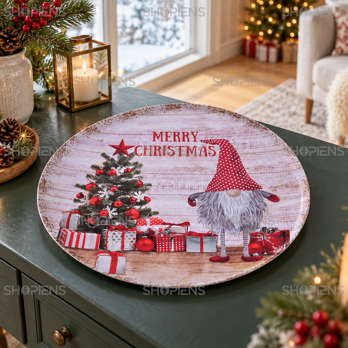 Platou decorativ din plastic cu gnom și brad, Ø40 cm, în decor de Crăciun, decor neinclus | Shopiens®