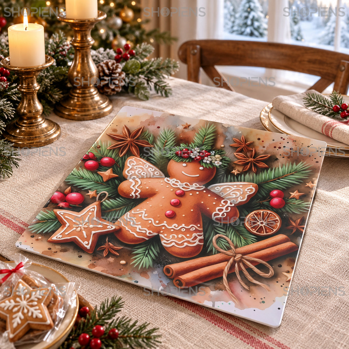 Platou pătrat din plastic cu îngeraș din turtă dulce, 30 × 30 cm, pe masa festivă, decor neinclus | Shopiens®