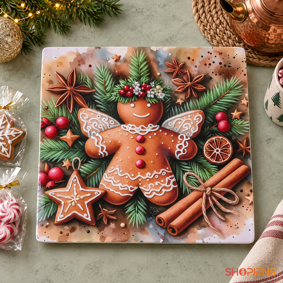 Platou pătrat din plastic cu îngeraș din turtă dulce, 30 × 30 cm, în decor de bucătărie, decor neinclus | Shopiens®