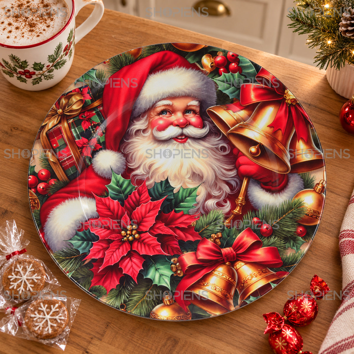 Platou decorativ din plastic cu Moș Crăciun și clopote, Ø33 cm, în decor de bucătărie, decor neinclus | Shopiens®