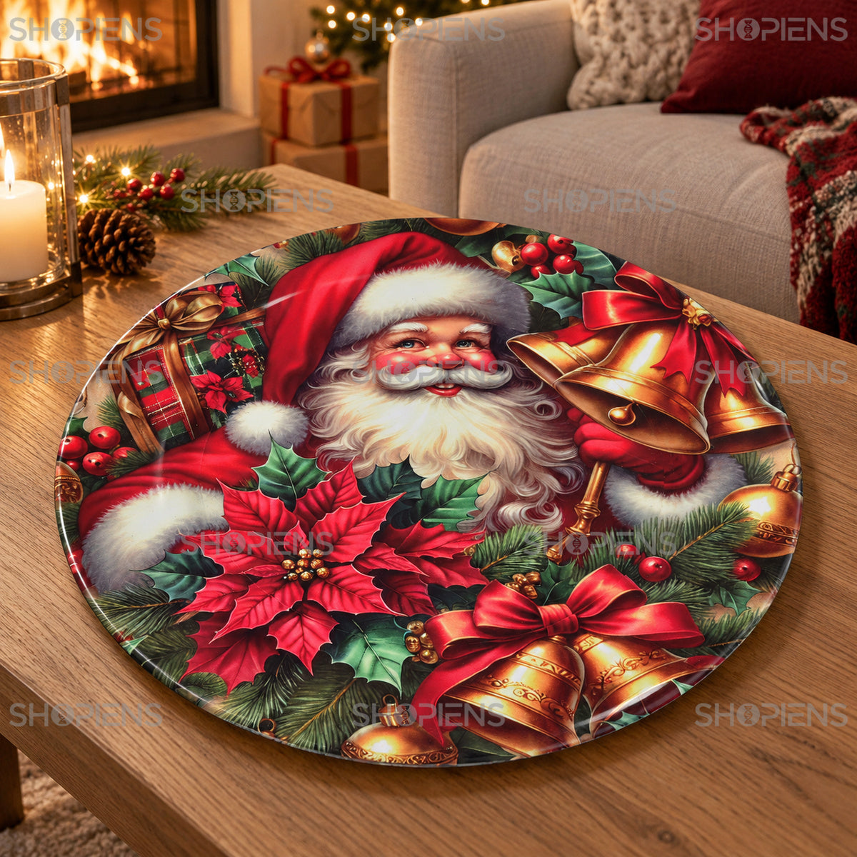 Platou decorativ din plastic cu Moș Crăciun și clopote, Ø33 cm, în decor de Crăciun, decor neinclus | Shopiens®