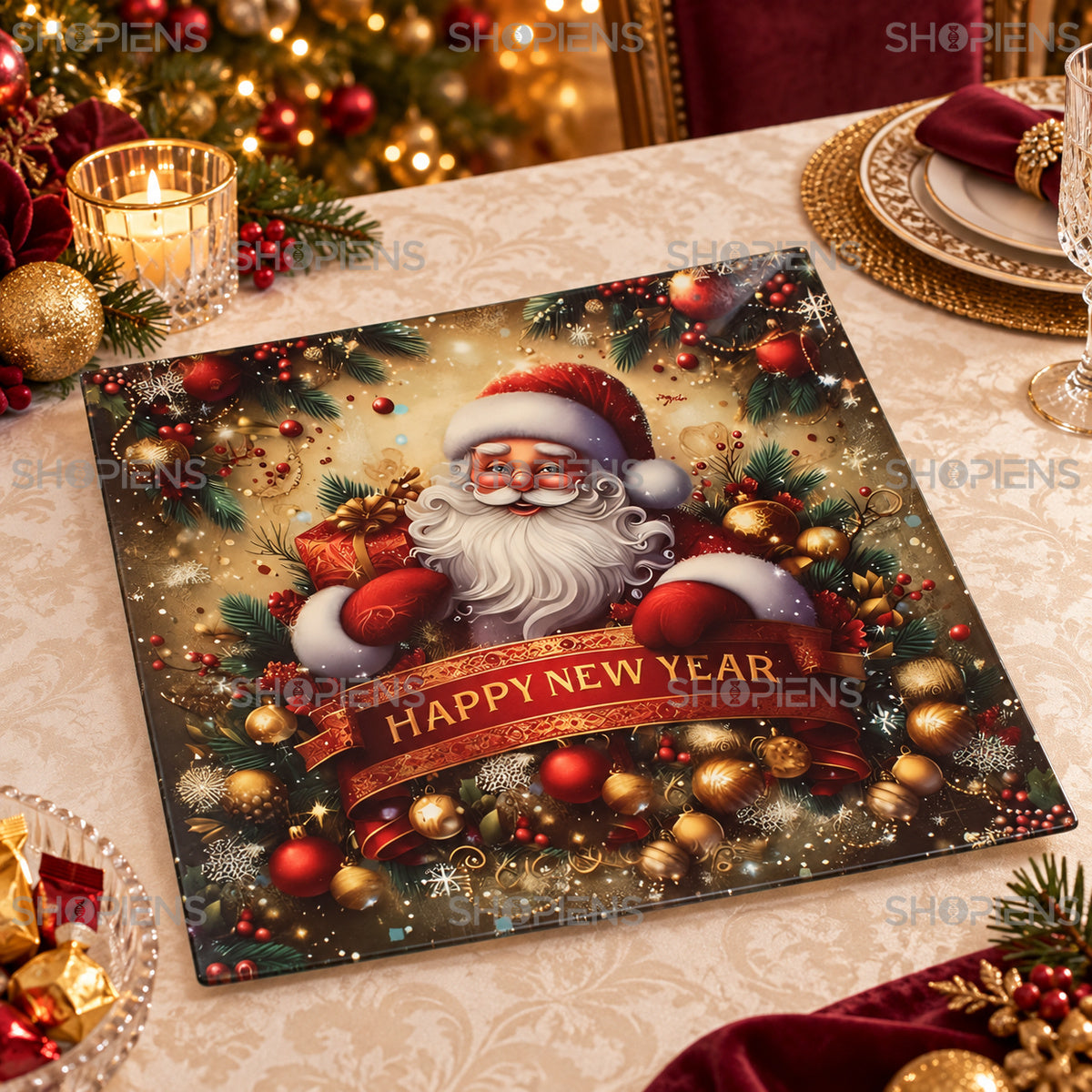 Platou pătrat din plastic cu Moș Crăciun Happy New Year, 40 × 40 cm, pe masa festivă, decor neinclus | Shopiens®